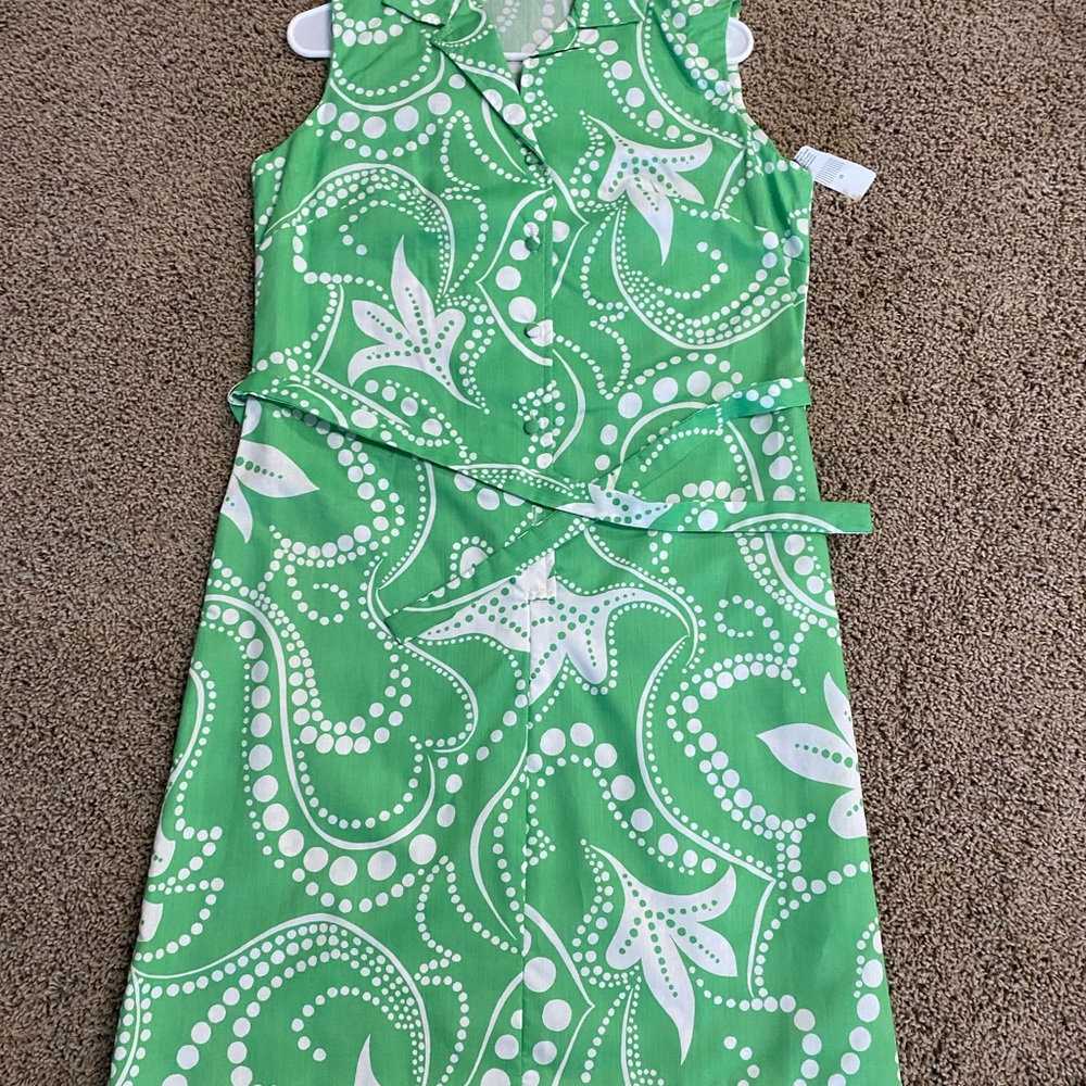 Vintage Sleeveless Dress Green and White Swirl Button Up Belt Summer NWT - Picture 12 of 14